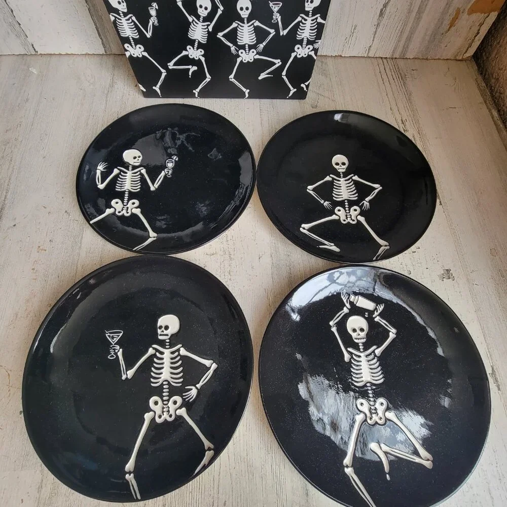 Pottery Barn party skeletons Halloween appetizer plate set decor black